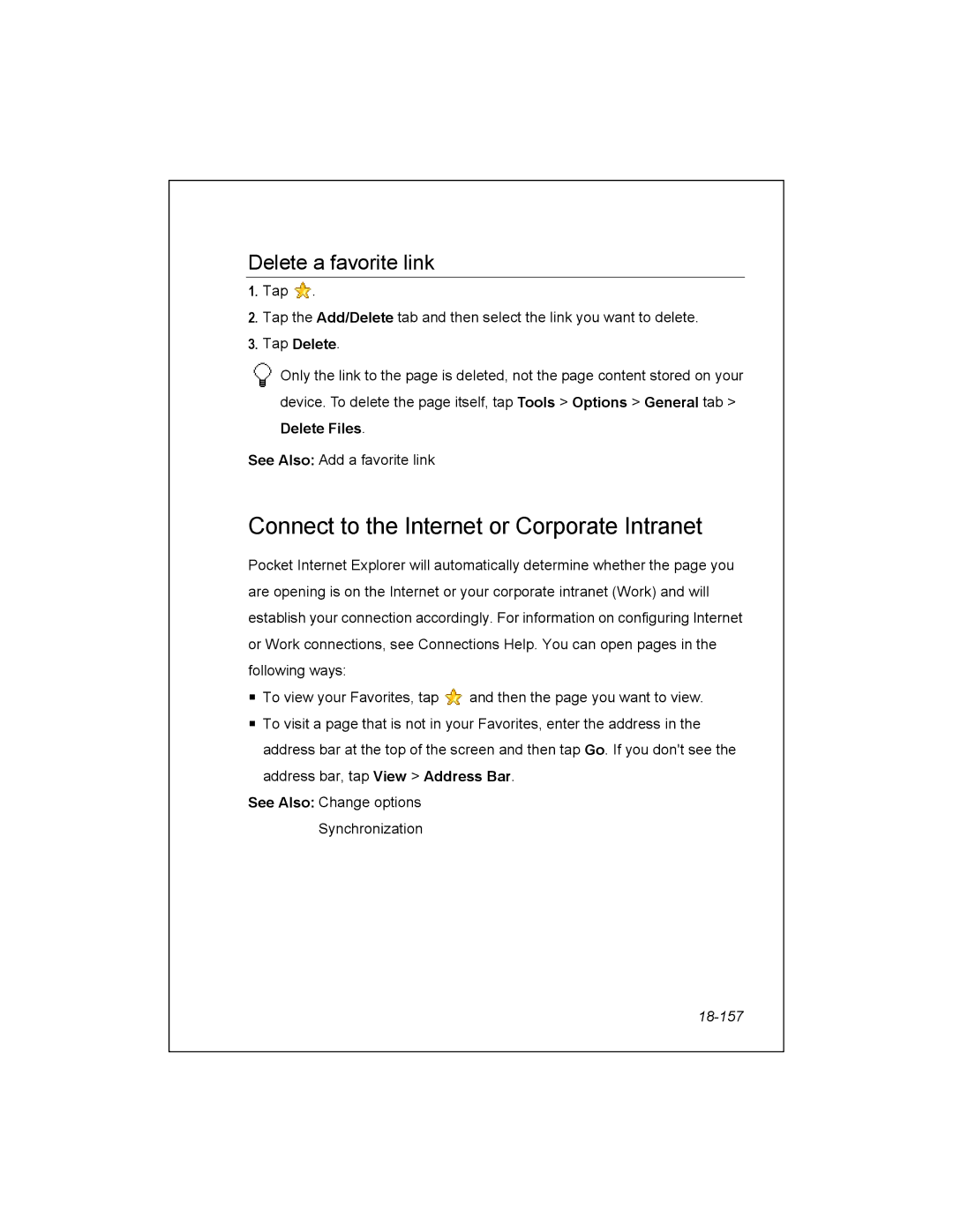 Unitech PA950 manual Connect to the Internet or Corporate Intranet, Delete a favorite link, Tap Delete, 18-157 