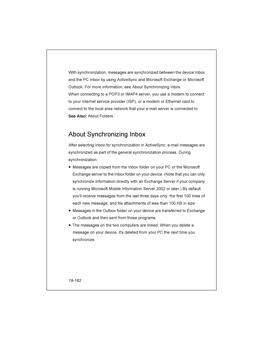 Unitech PA950 manual About Synchronizing Inbox, 19-162 