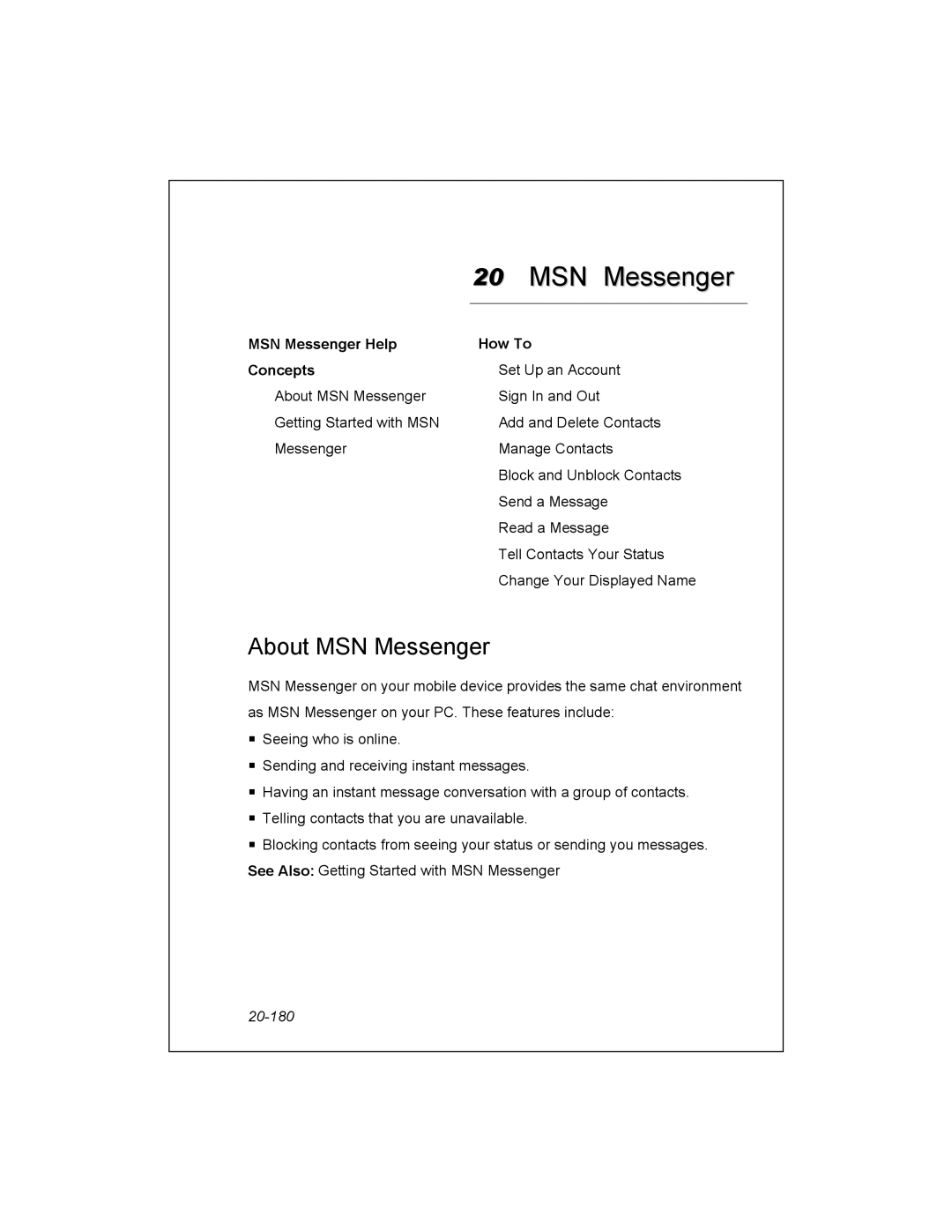 Unitech PA950 manual About MSN Messenger, MSN Messenger Help How To Concepts, 20-180 