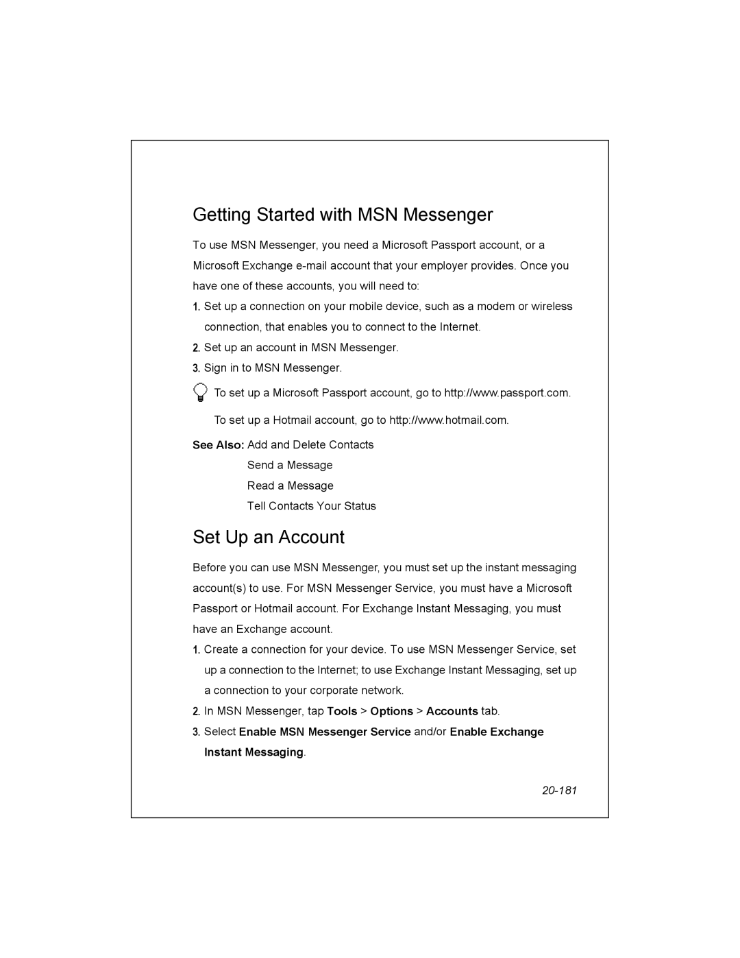 Unitech PA950 manual Getting Started with MSN Messenger, Set Up an Account, 20-181 