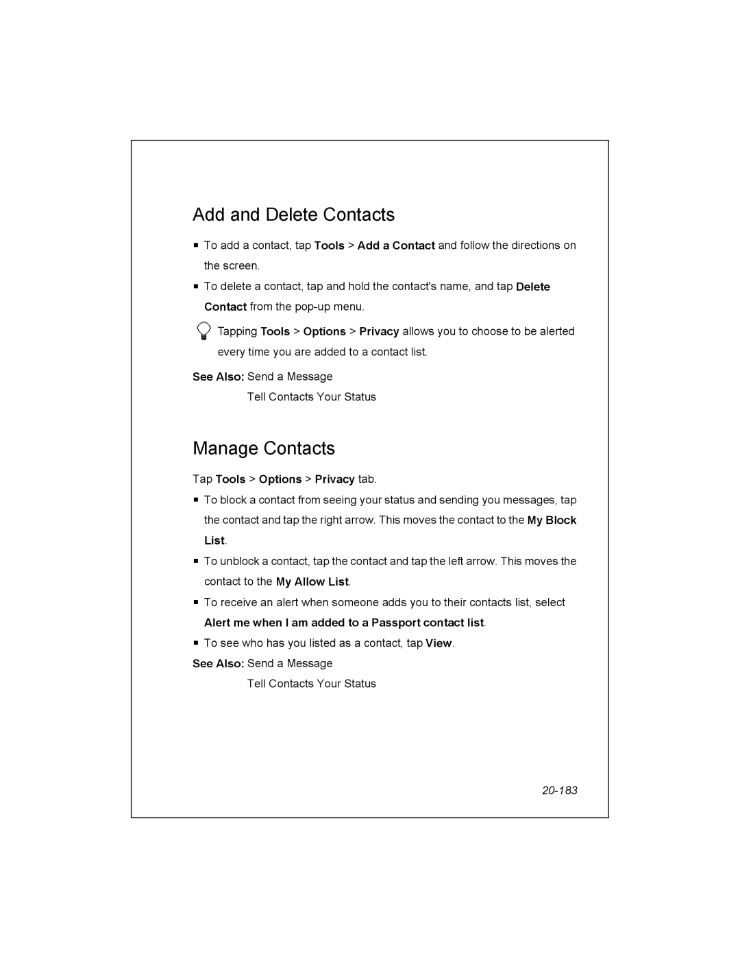 Unitech PA950 manual Add and Delete Contacts, Manage Contacts, Tap Tools Options Privacy tab, 20-183 