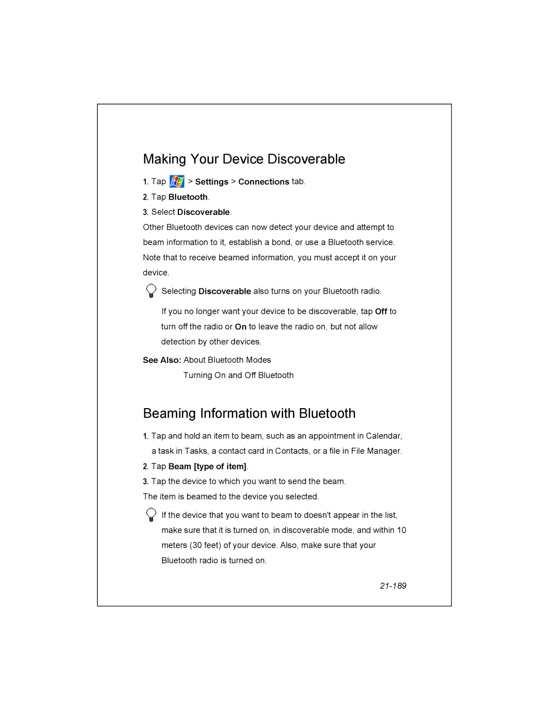Unitech PA950 manual Making Your Device Discoverable, Beaming Information with Bluetooth, Tap Beam type of item, 21-189 