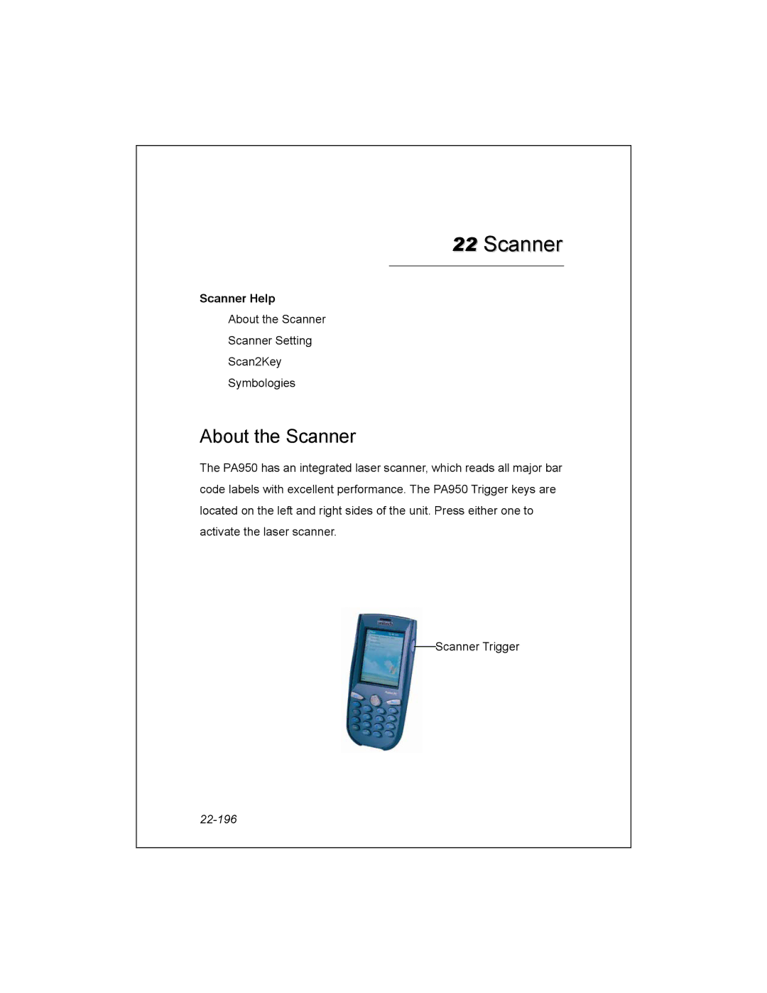 Unitech PA950 manual About the Scanner, Scanner Help, 22-196 