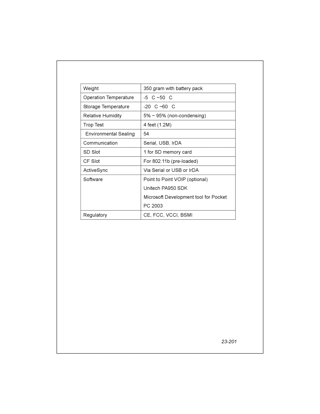 Unitech PA950 manual 23-201 