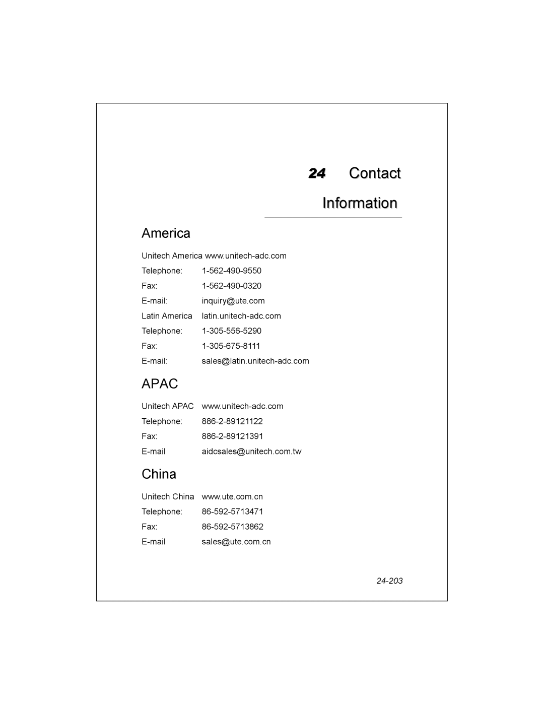 Unitech PA950 manual Contact Information, America, China, 24-203 