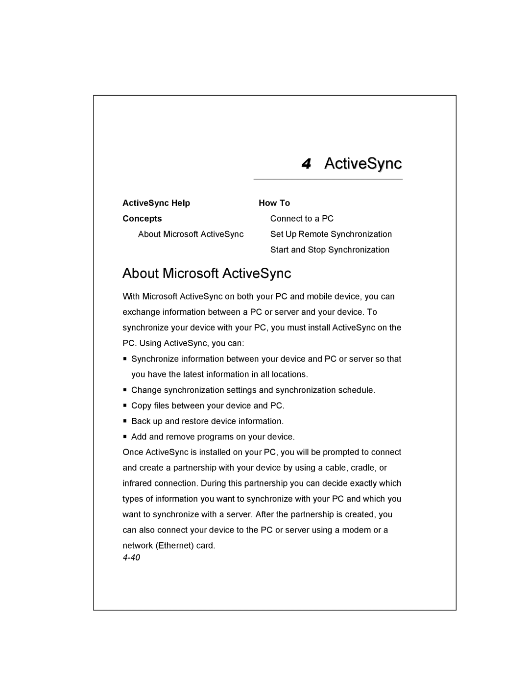 Unitech PA950 manual About Microsoft ActiveSync, ActiveSync Help How To Concepts 