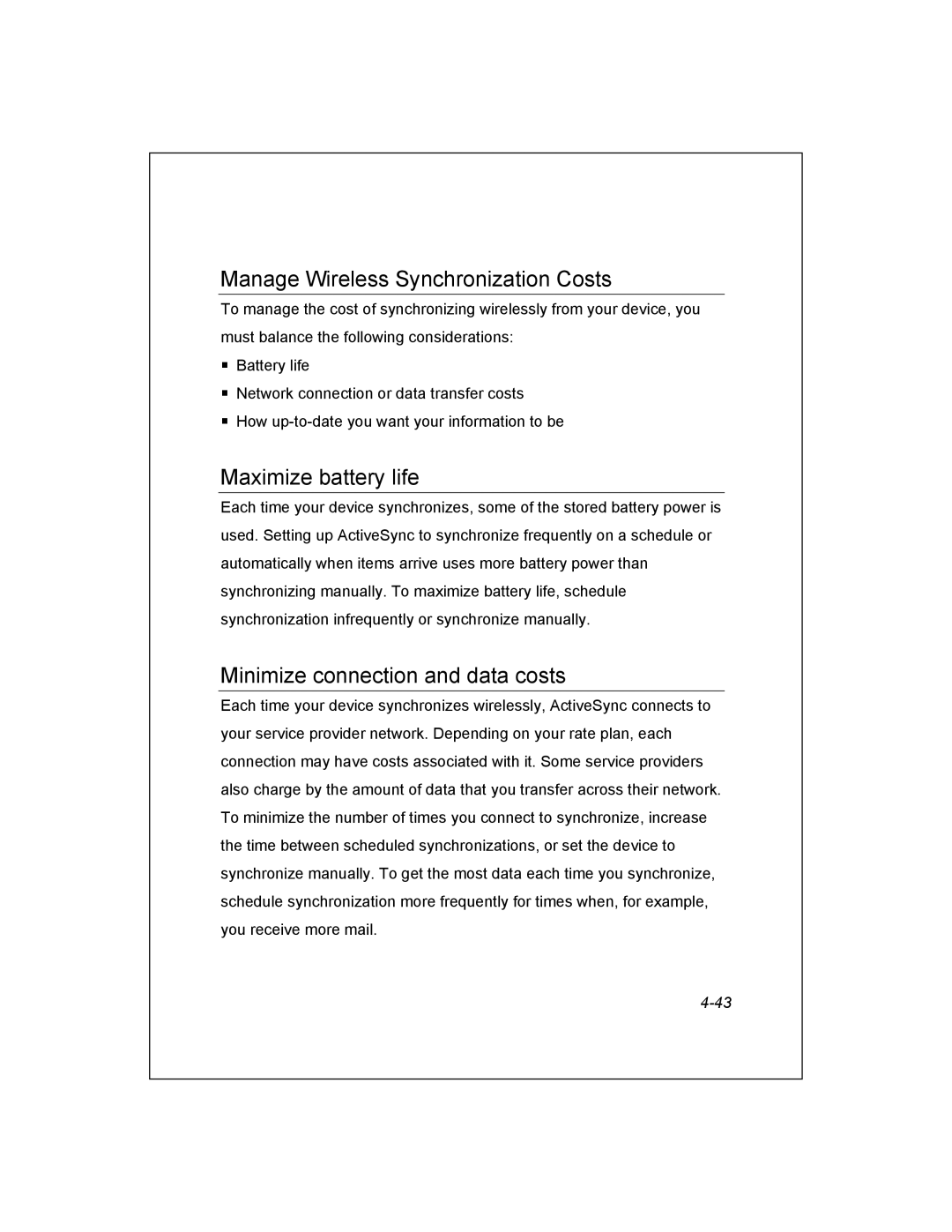 Unitech PA950 manual Manage Wireless Synchronization Costs, Maximize battery life, Minimize connection and data costs 