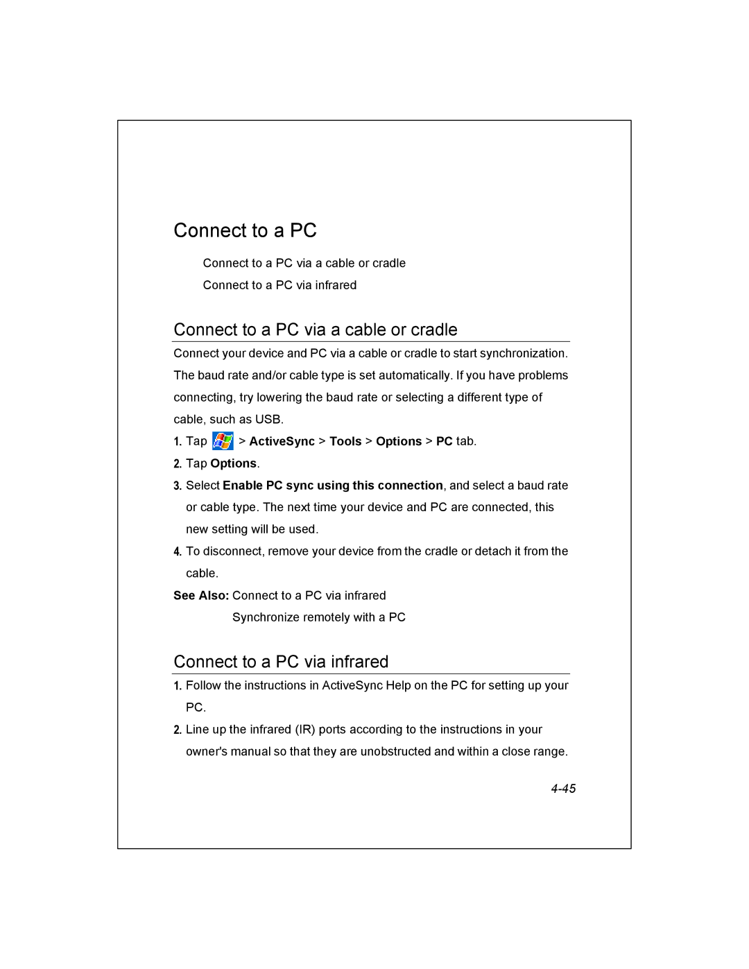 Unitech PA950 manual Connect to a PC via a cable or cradle, Connect to a PC via infrared 