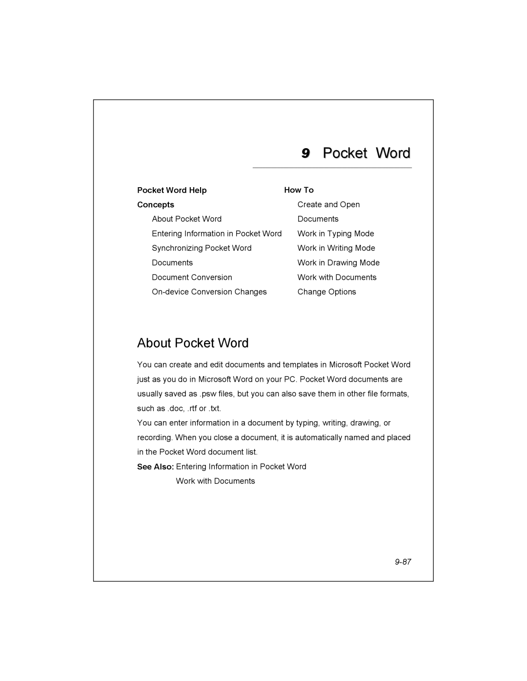 Unitech PA950 manual About Pocket Word, Pocket Word Help How To Concepts 