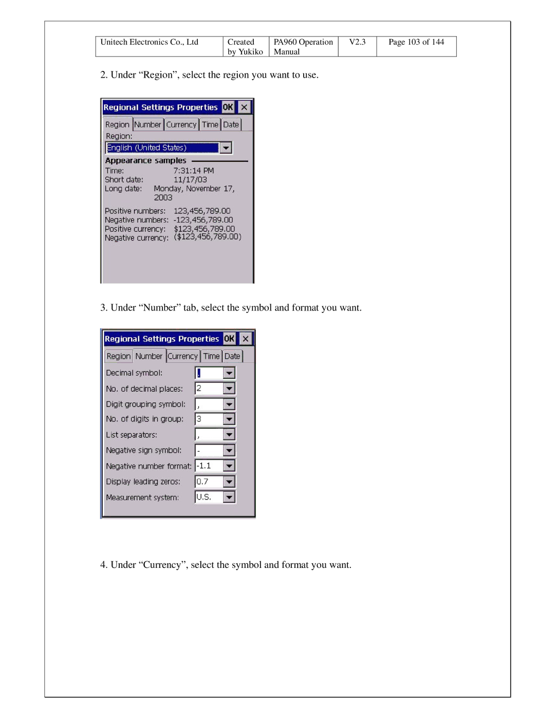 Unitech PA960 operation manual Under Region, select the region you want to use 