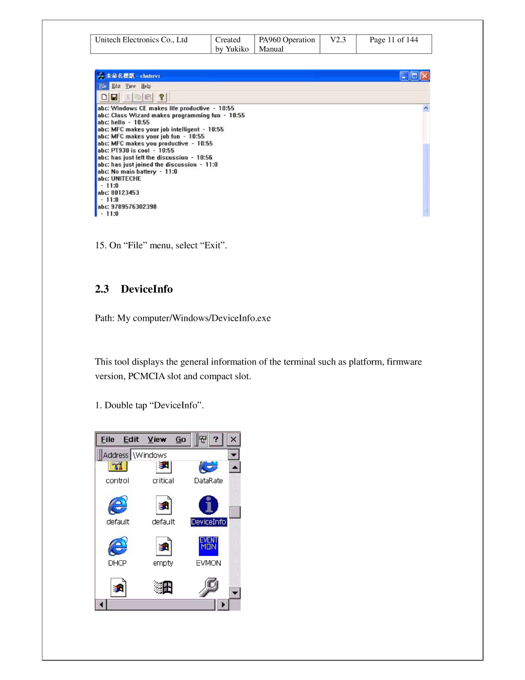 Unitech PA960 operation manual DeviceInfo 