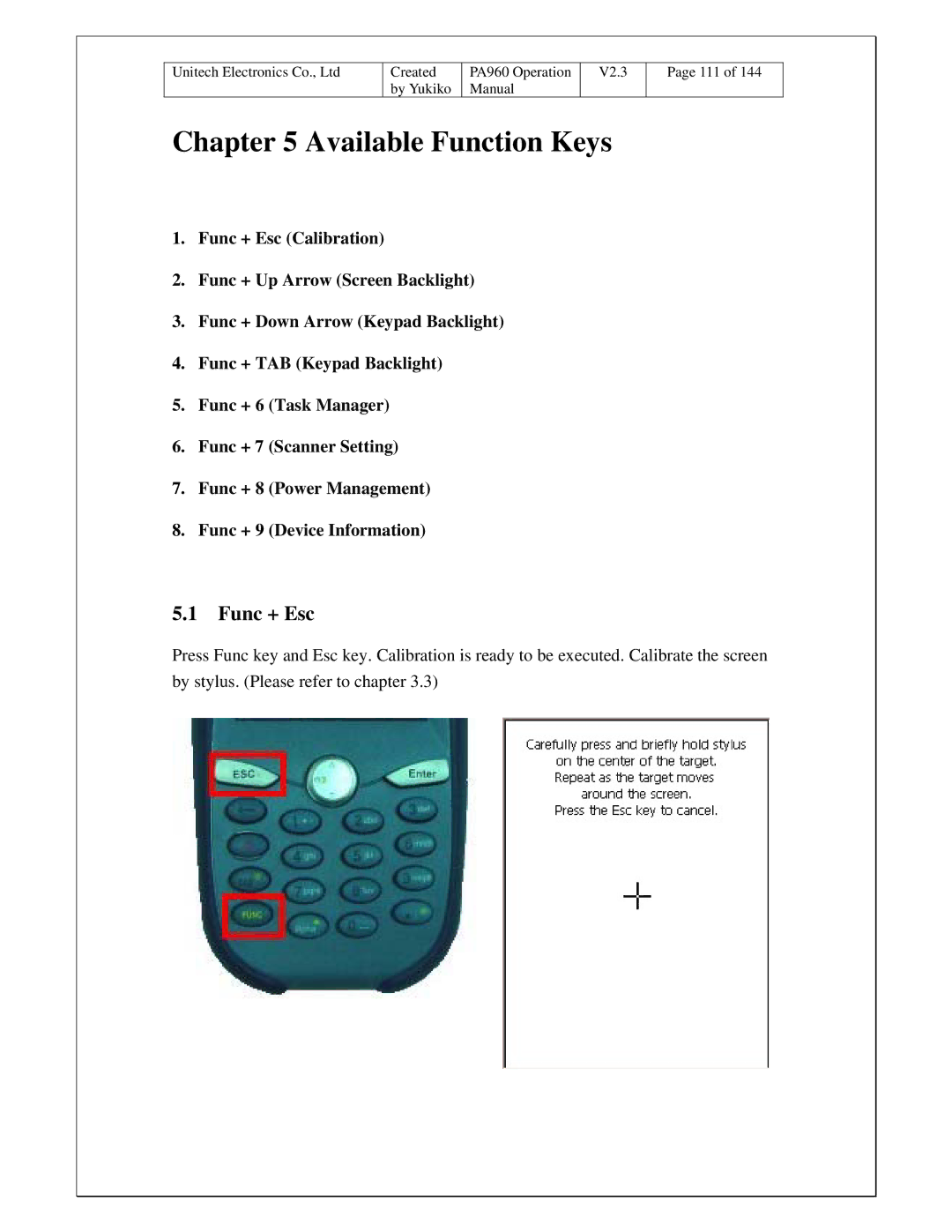 Unitech PA960 operation manual Available Function Keys, Func + Esc 