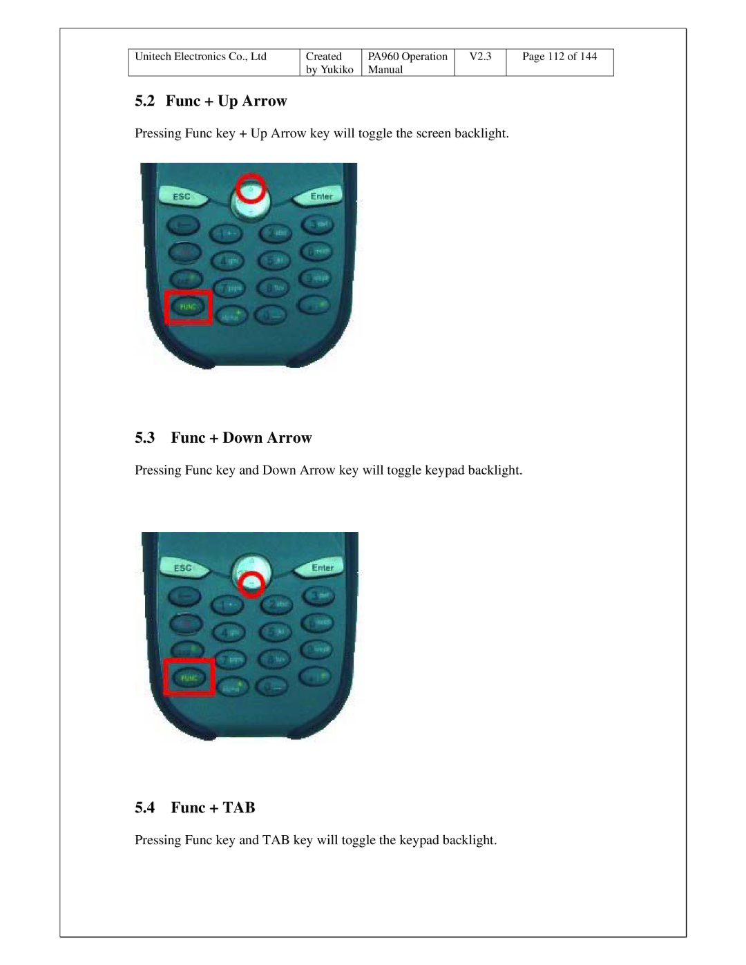 Unitech PA960 operation manual Func + Up Arrow, Func + Down Arrow, Func + TAB 