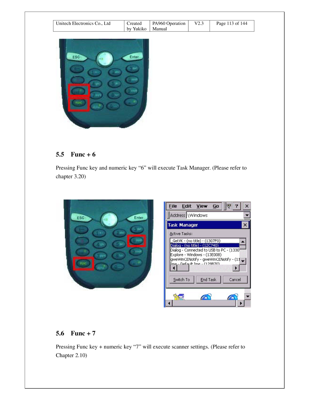 Unitech PA960 operation manual Func + 