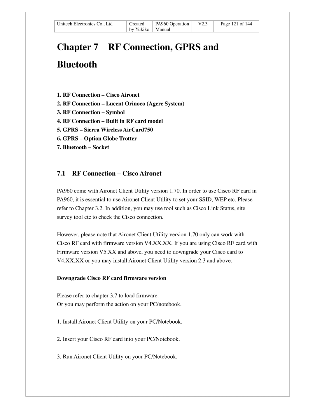 Unitech PA960 operation manual RF Connection, Gprs Bluetooth, RF Connection Cisco Aironet 