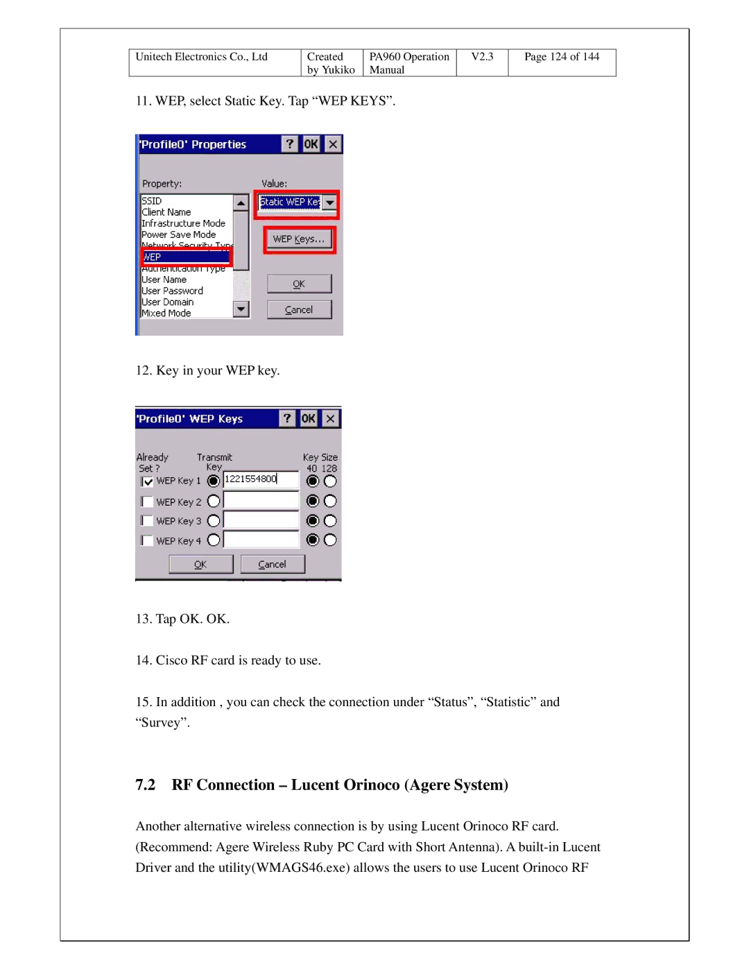 Unitech PA960 operation manual RF Connection Lucent Orinoco Agere System 