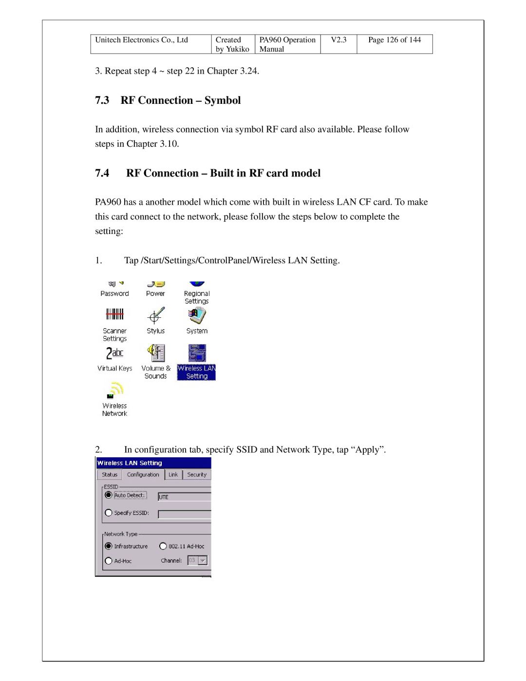 Unitech PA960 operation manual RF Connection Symbol, RF Connection Built in RF card model 