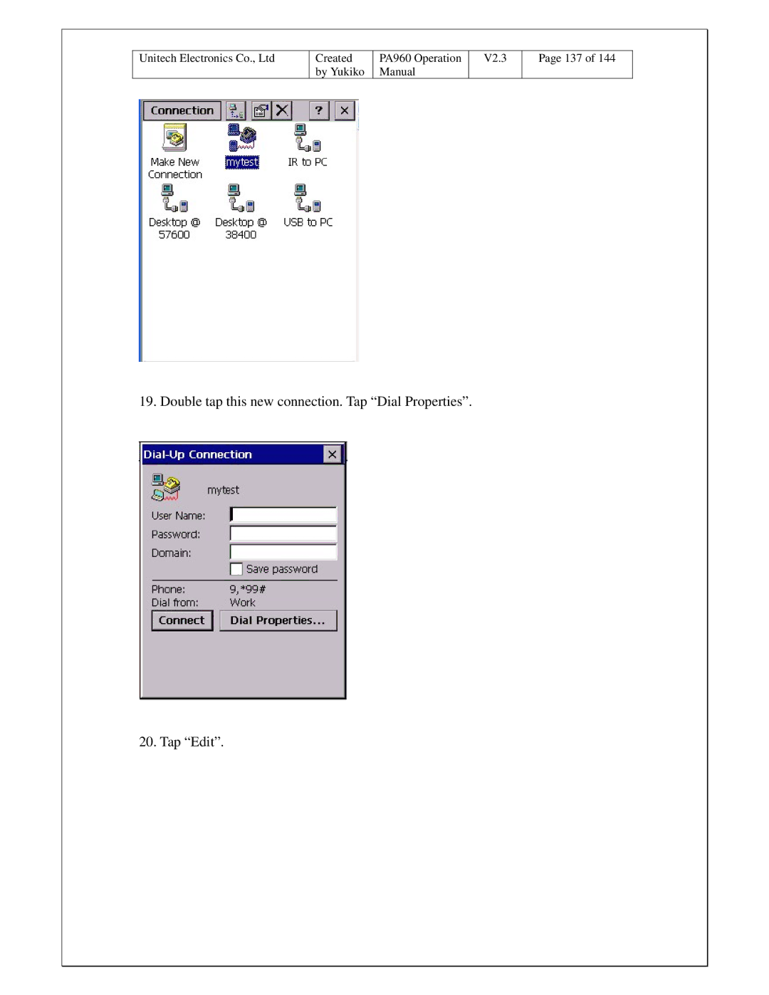 Unitech PA960 operation manual Double tap this new connection. Tap Dial Properties Tap Edit 