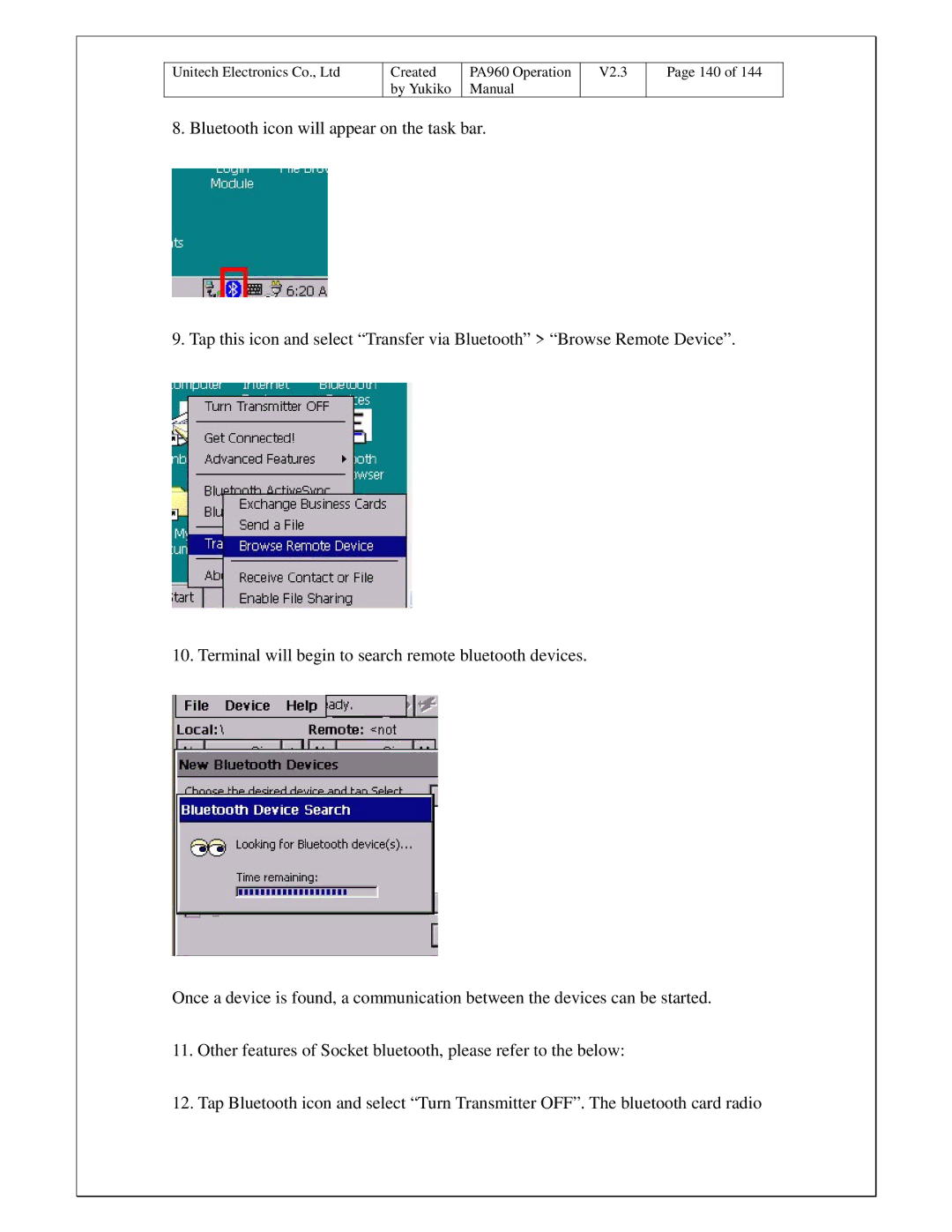 Unitech PA960 operation manual Bluetooth icon will appear on the task bar 