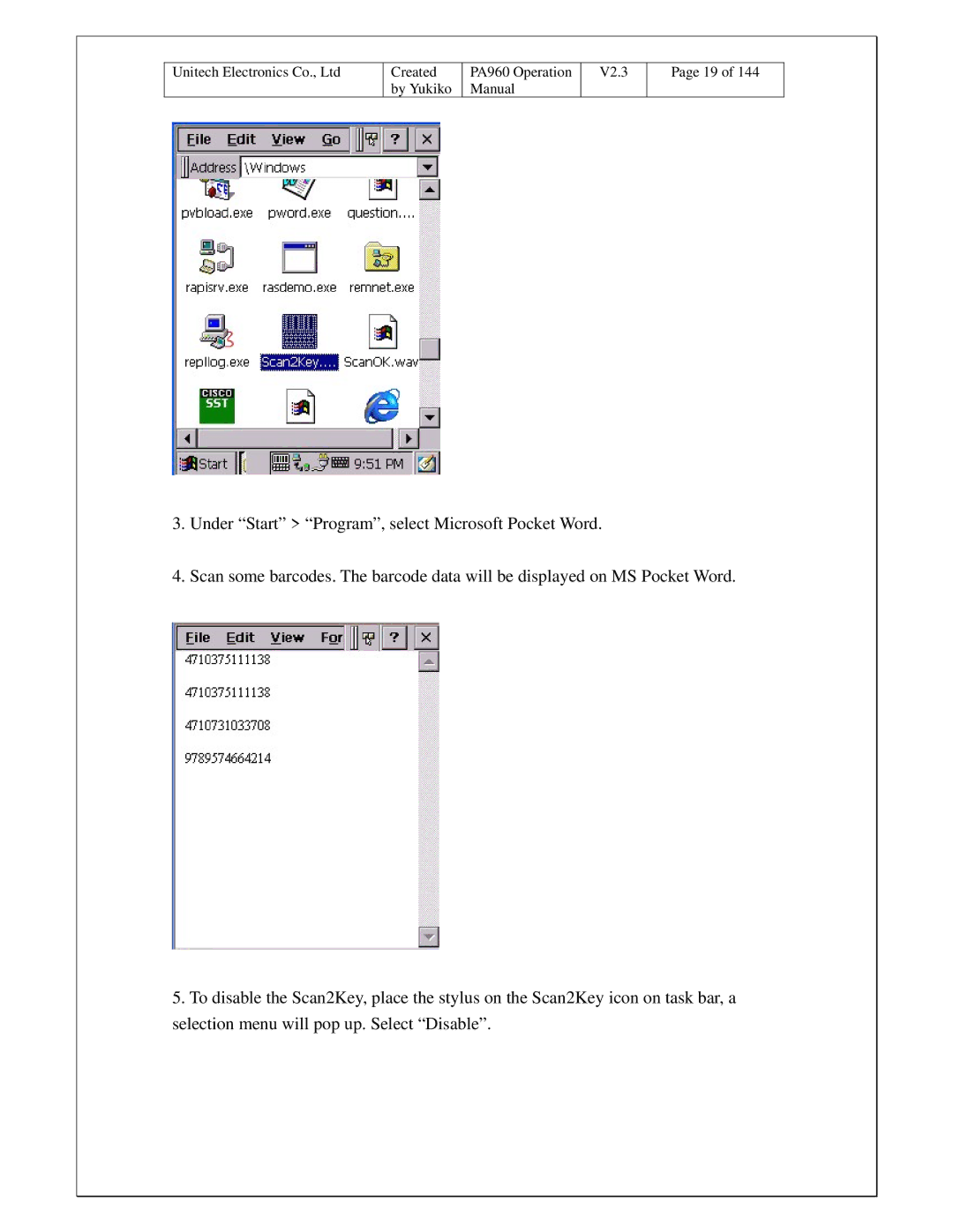 Unitech PA960 operation manual Created 