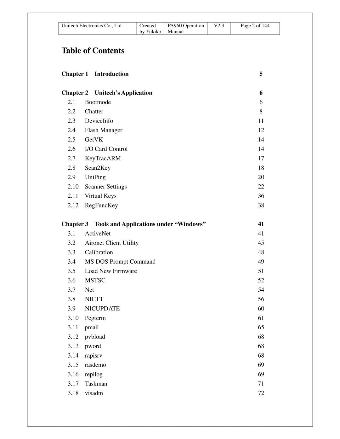 Unitech PA960 operation manual Table of Contents 