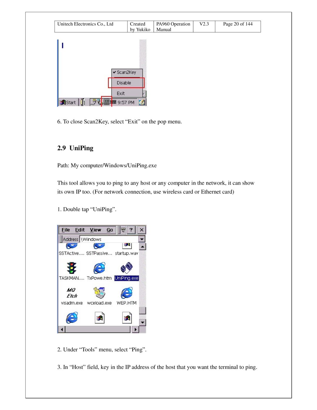 Unitech PA960 operation manual UniPing 