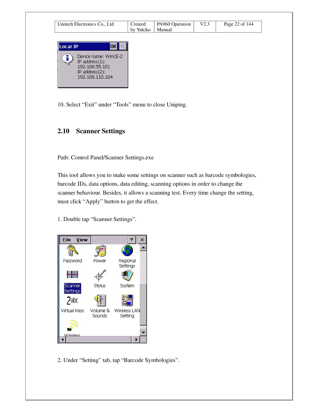 Unitech PA960 operation manual Scanner Settings 