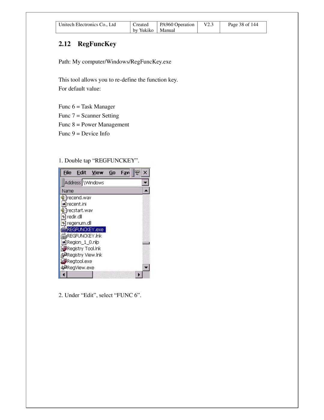 Unitech PA960 operation manual RegFuncKey 