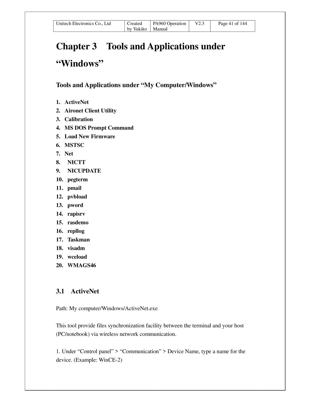 Unitech PA960 operation manual Tools and Applications under My Computer/Windows, ActiveNet 