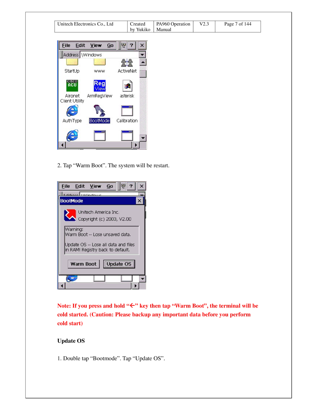 Unitech PA960 operation manual Update OS 