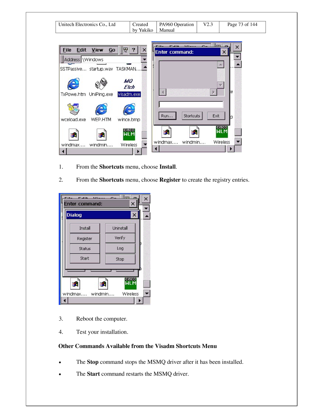 Unitech PA960 operation manual Other Commands Available from the Visadm Shortcuts Menu 