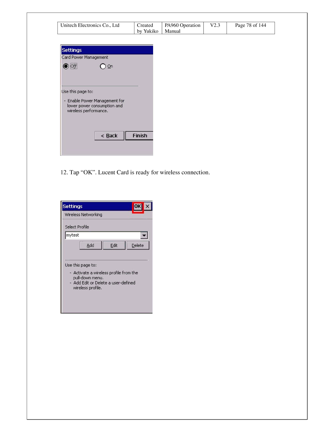 Unitech PA960 operation manual Tap OK. Lucent Card is ready for wireless connection 