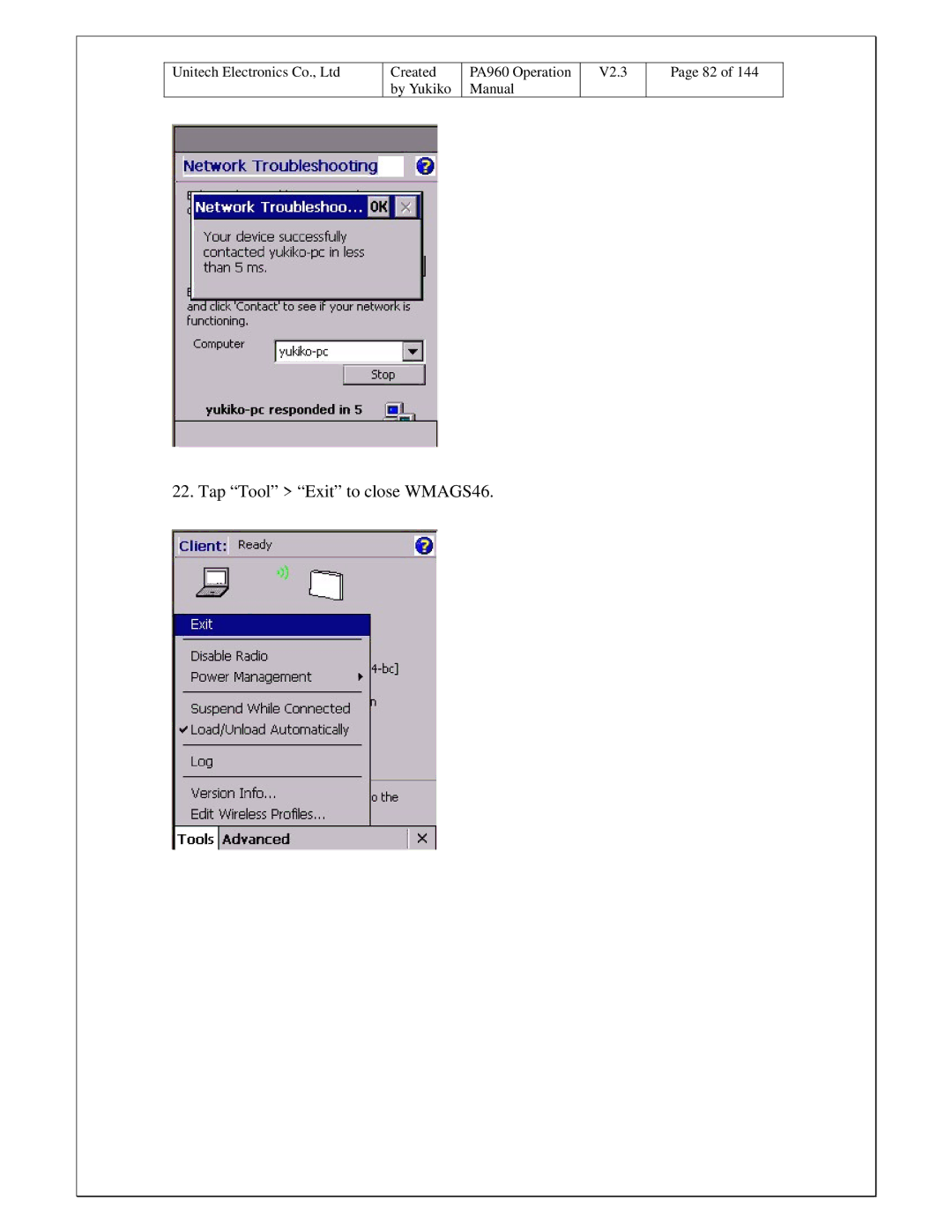Unitech PA960 operation manual Tap Tool Exit to close WMAGS46 