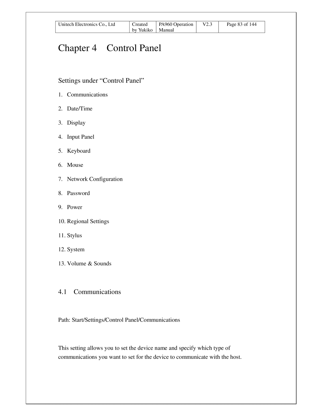 Unitech PA960 operation manual Settings under Control Panel, Communications 