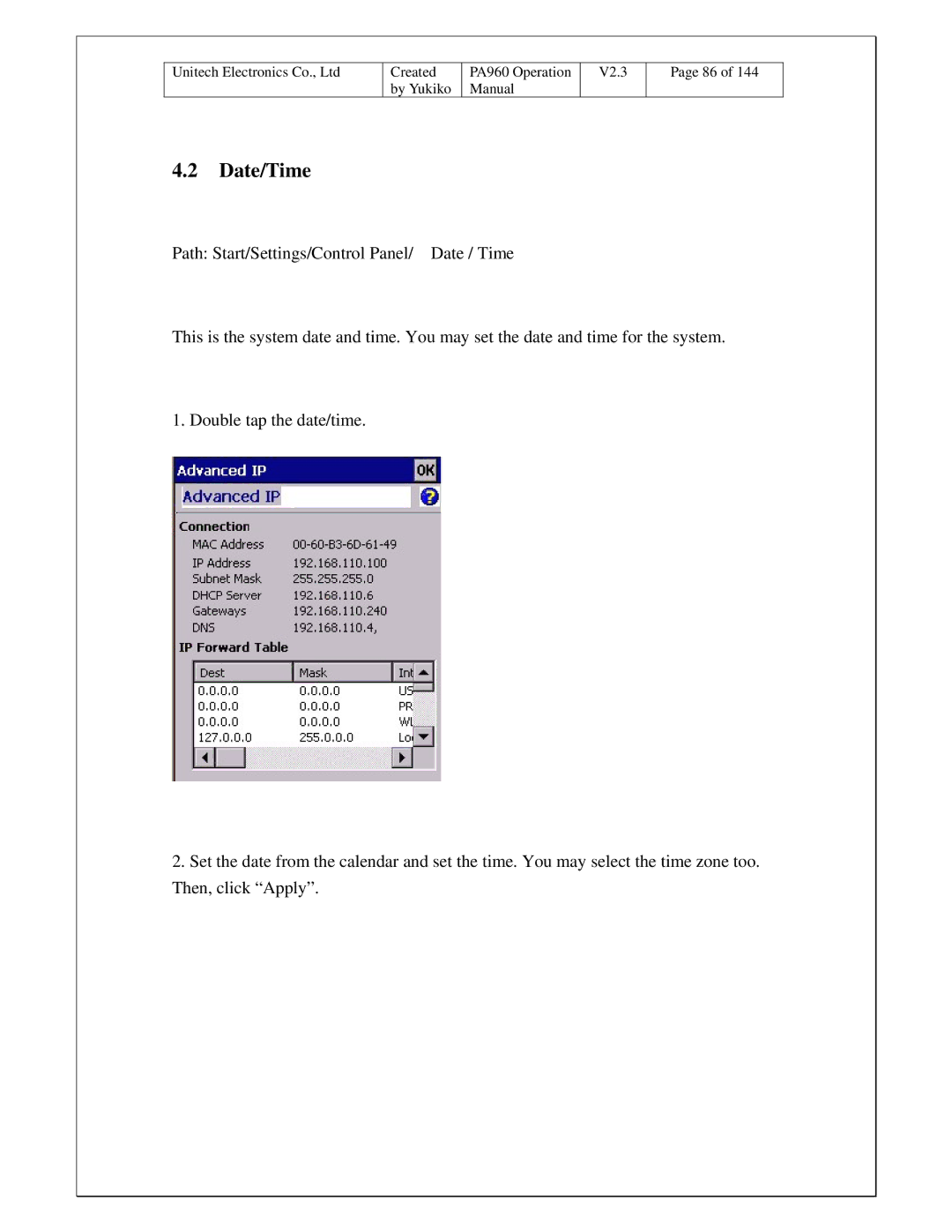 Unitech PA960 operation manual Date/Time 