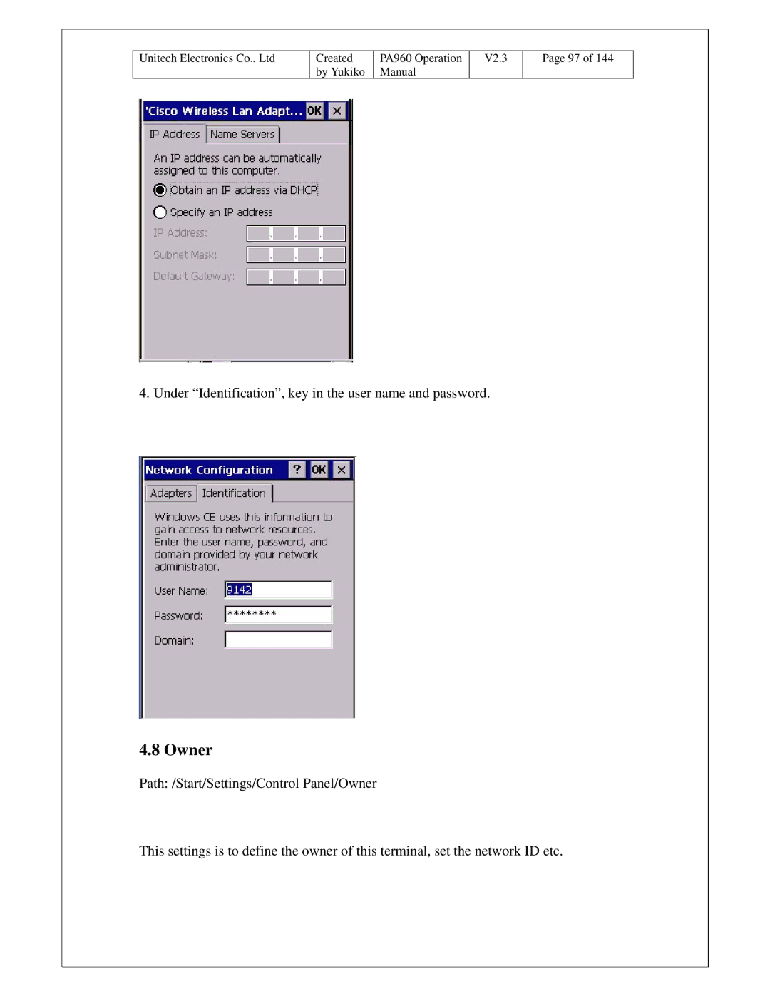 Unitech PA960 operation manual Owner 