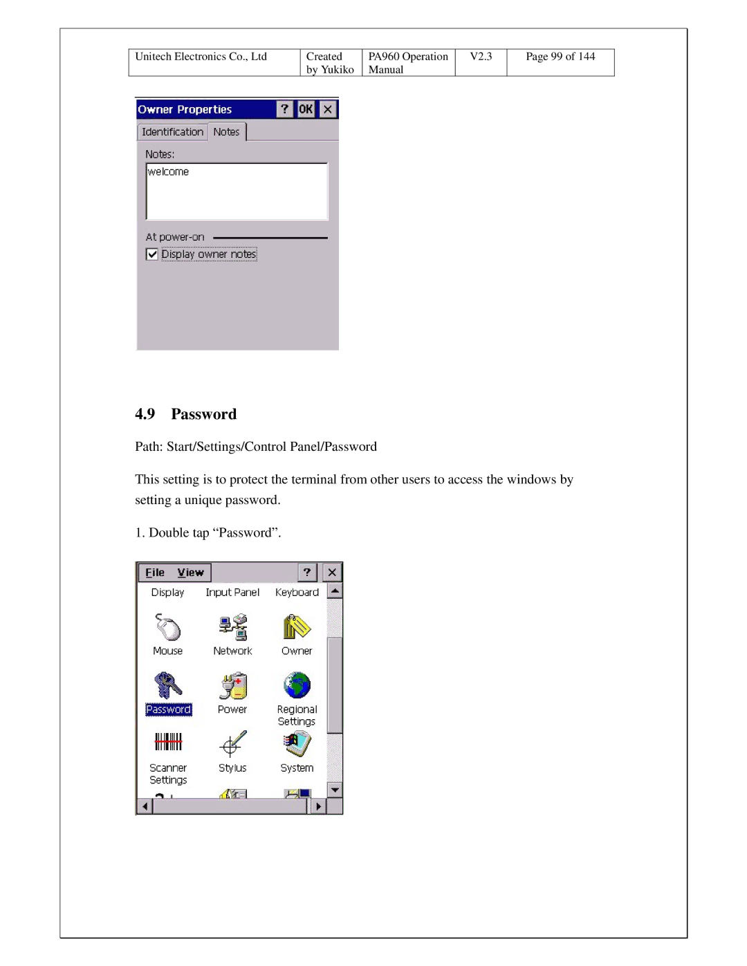 Unitech PA960 operation manual Password 