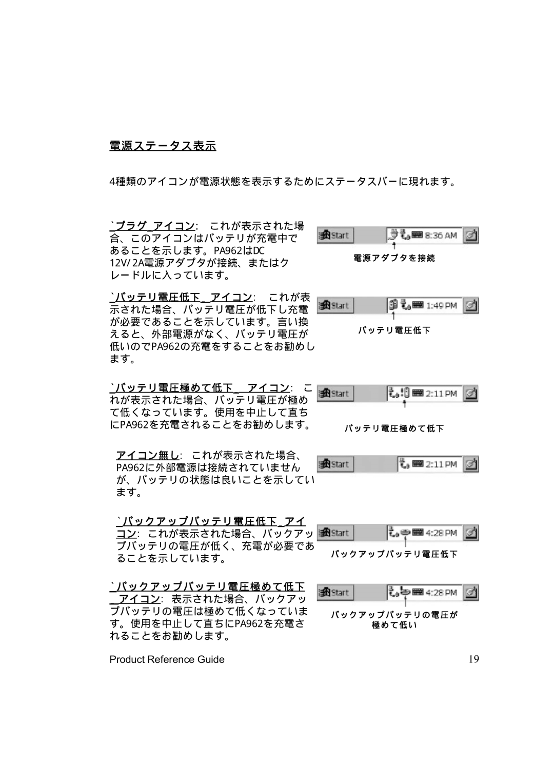 Unitech PA962 manual 電源ステータス表示 