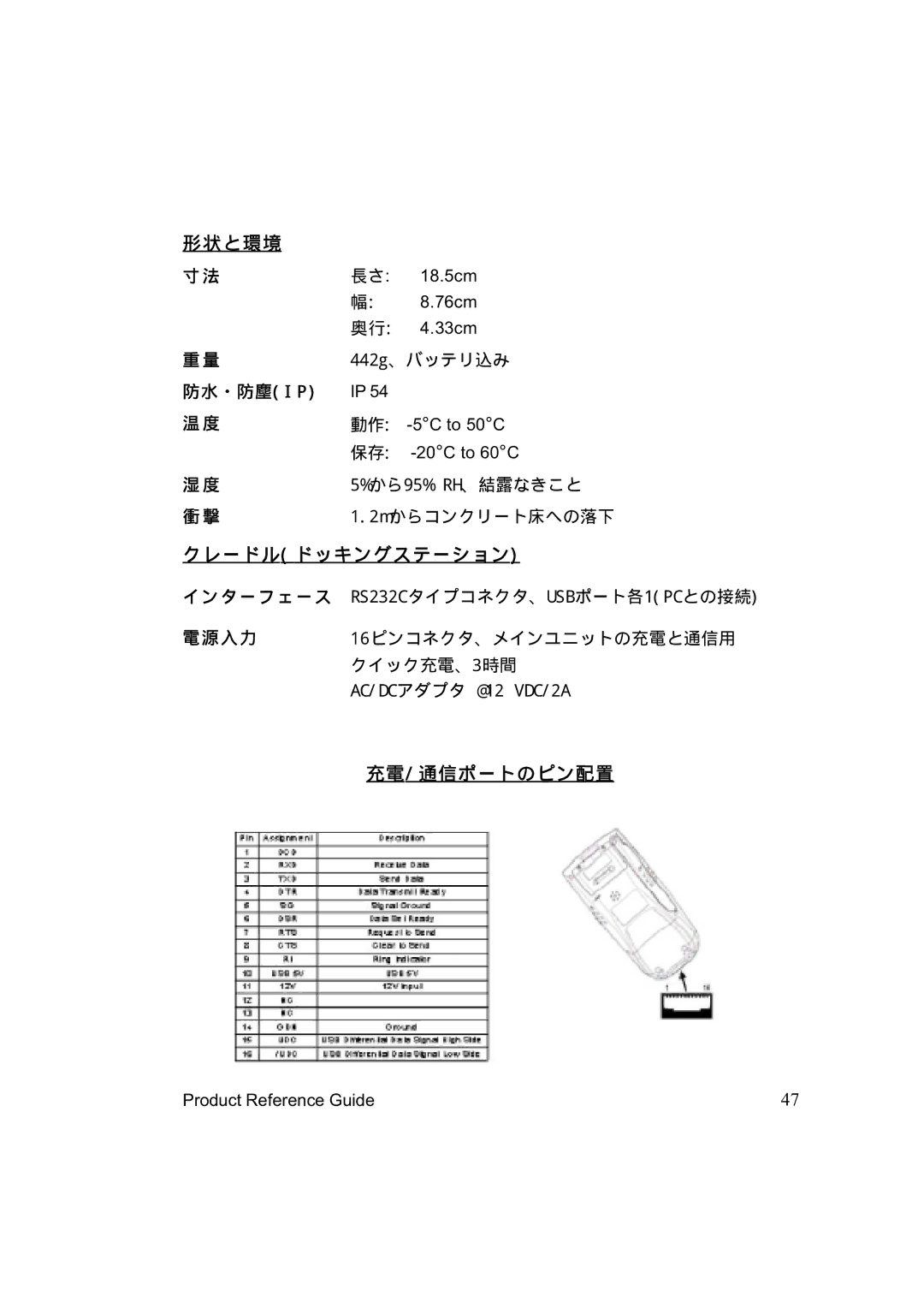 Unitech PA962 manual 形状と環境, クレードル ドッキングステーション, 充電/ 通信ポートのピン配置, 防水・防塵 I P 