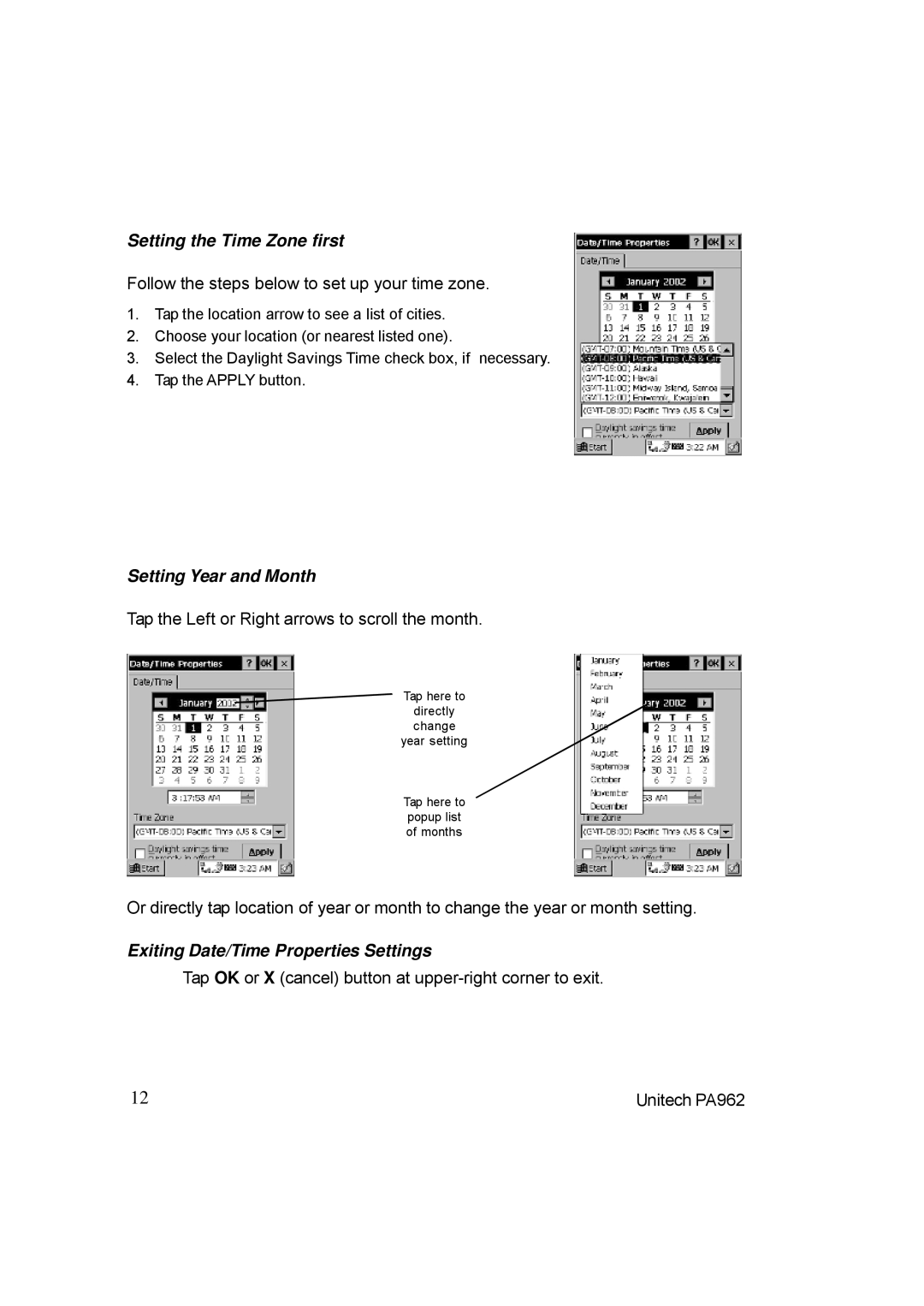 Unitech PA962 manual Exiting Date/Time Properties Settings 