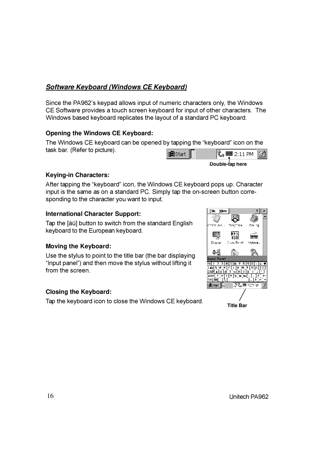 Unitech PA962 manual Software Keyboard Windows CE Keyboard 