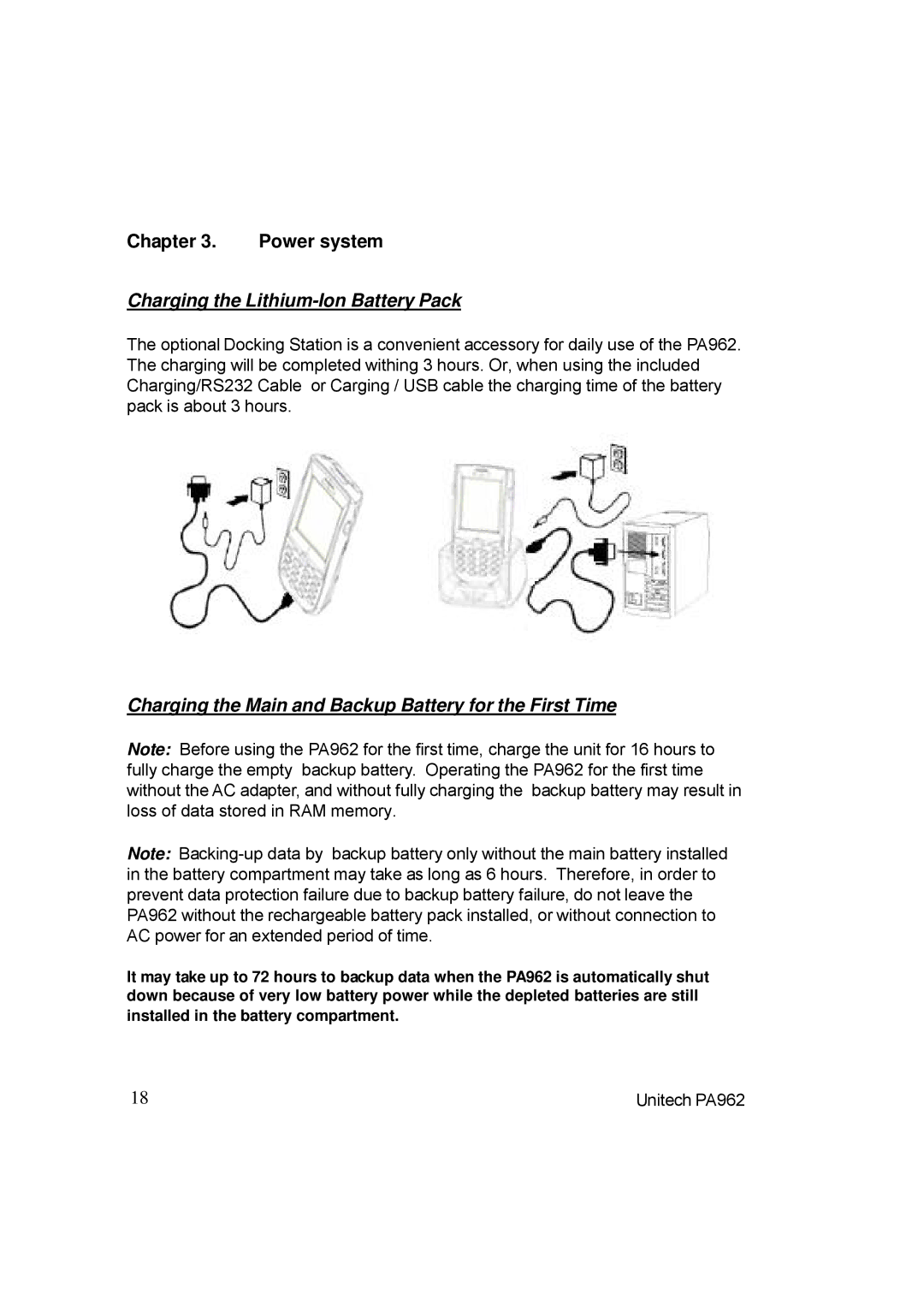 Unitech PA962 Charging the Lithium-Ion Battery Pack, Charging the Main and Backup Battery for the First Time, Power system 