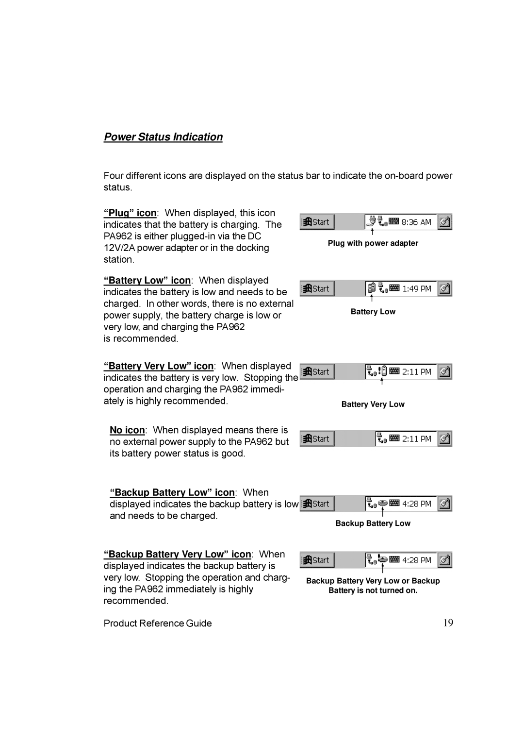 Unitech PA962 manual Power Status Indication 