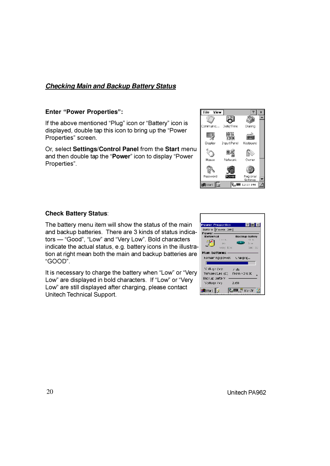 Unitech PA962 manual Checking Main and Backup Battery Status, Enter Power Properties, Check Battery Status 