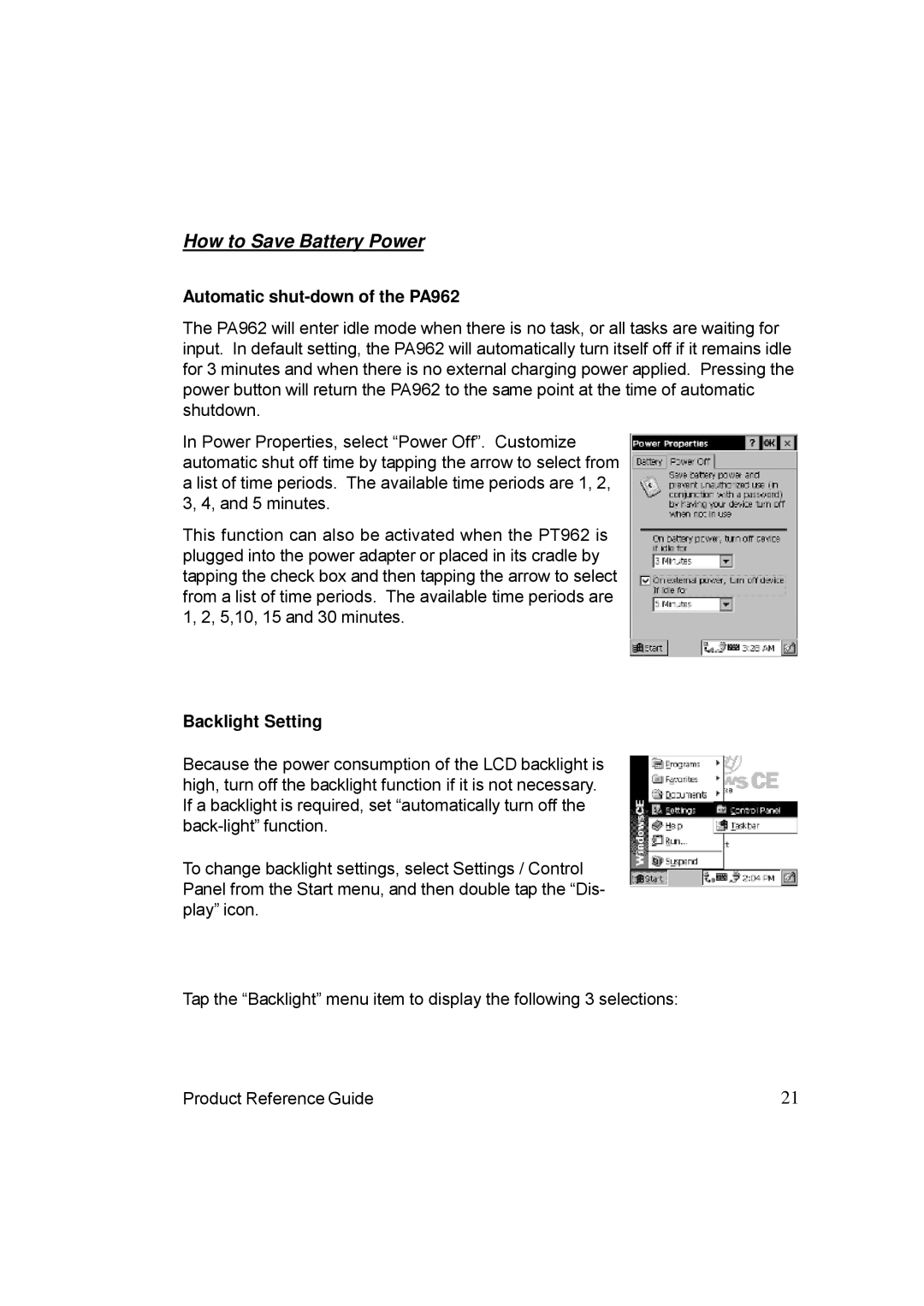 Unitech manual How to Save Battery Power, Automatic shut-down of the PA962, Backlight Setting 