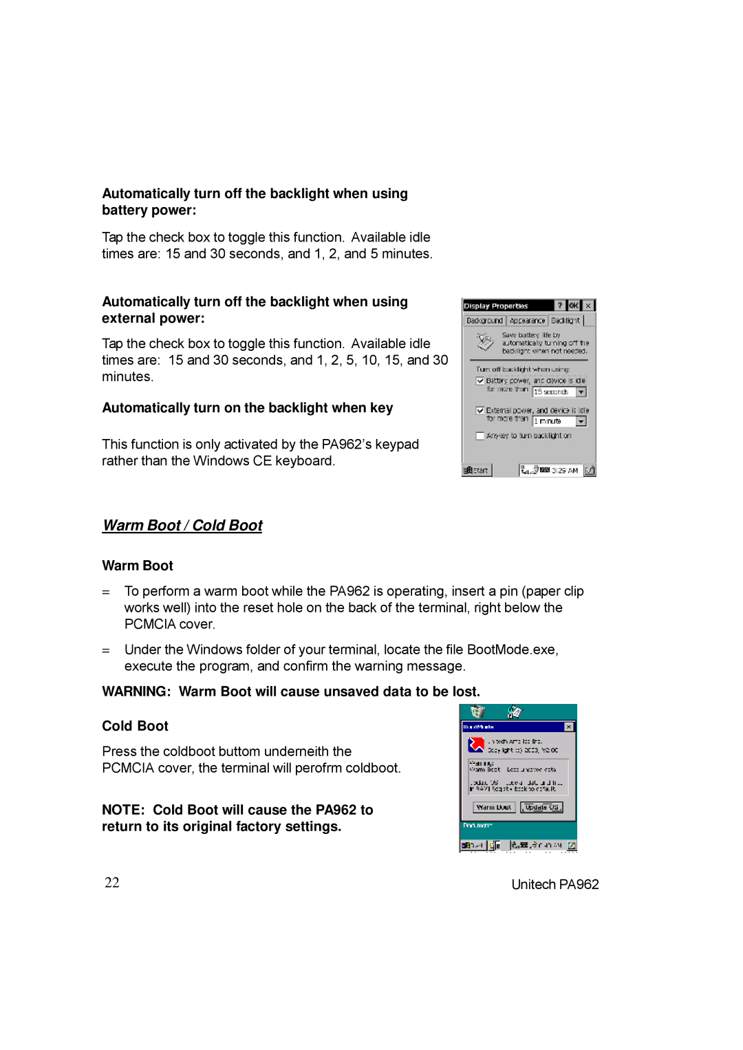 Unitech PA962 manual Warm Boot / Cold Boot, Automatically turn on the backlight when key 