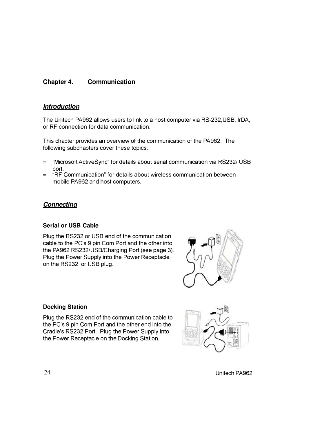 Unitech PA962 manual Introduction, Connecting, Serial or USB Cable, Docking Station 