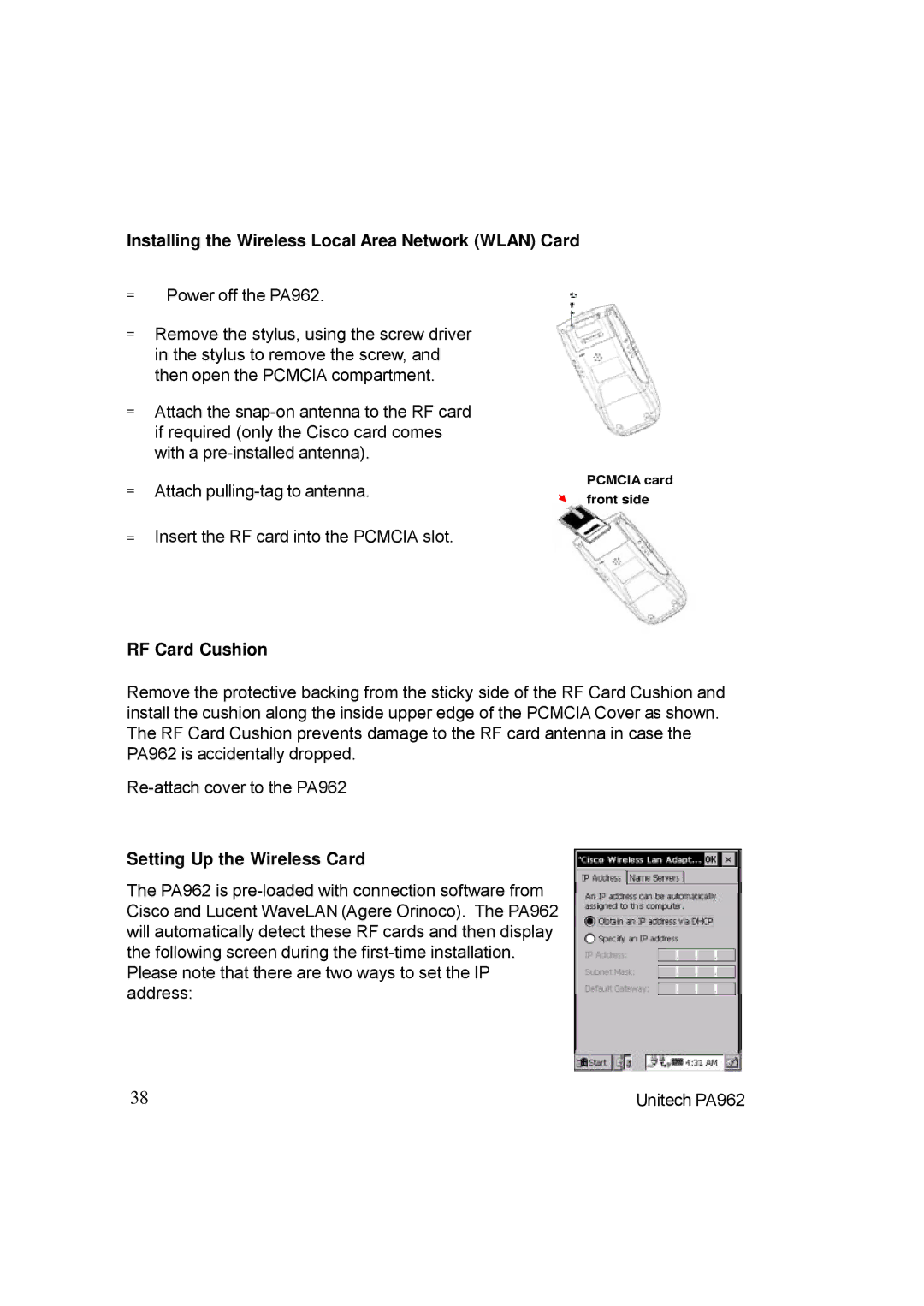 Unitech PA962 manual Installing the Wireless Local Area Network Wlan Card, Setting Up the Wireless Card 