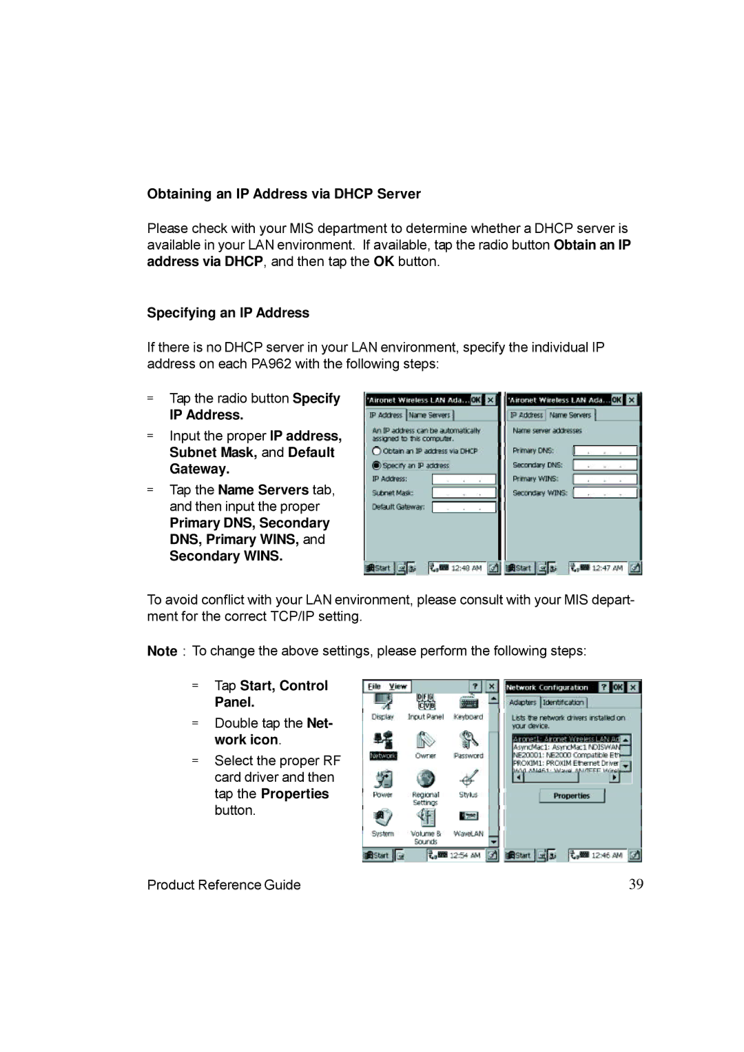 Unitech PA962 manual Obtaining an IP Address via Dhcp Server, Specifying an IP Address, Gateway, = Tap Start, Control Panel 