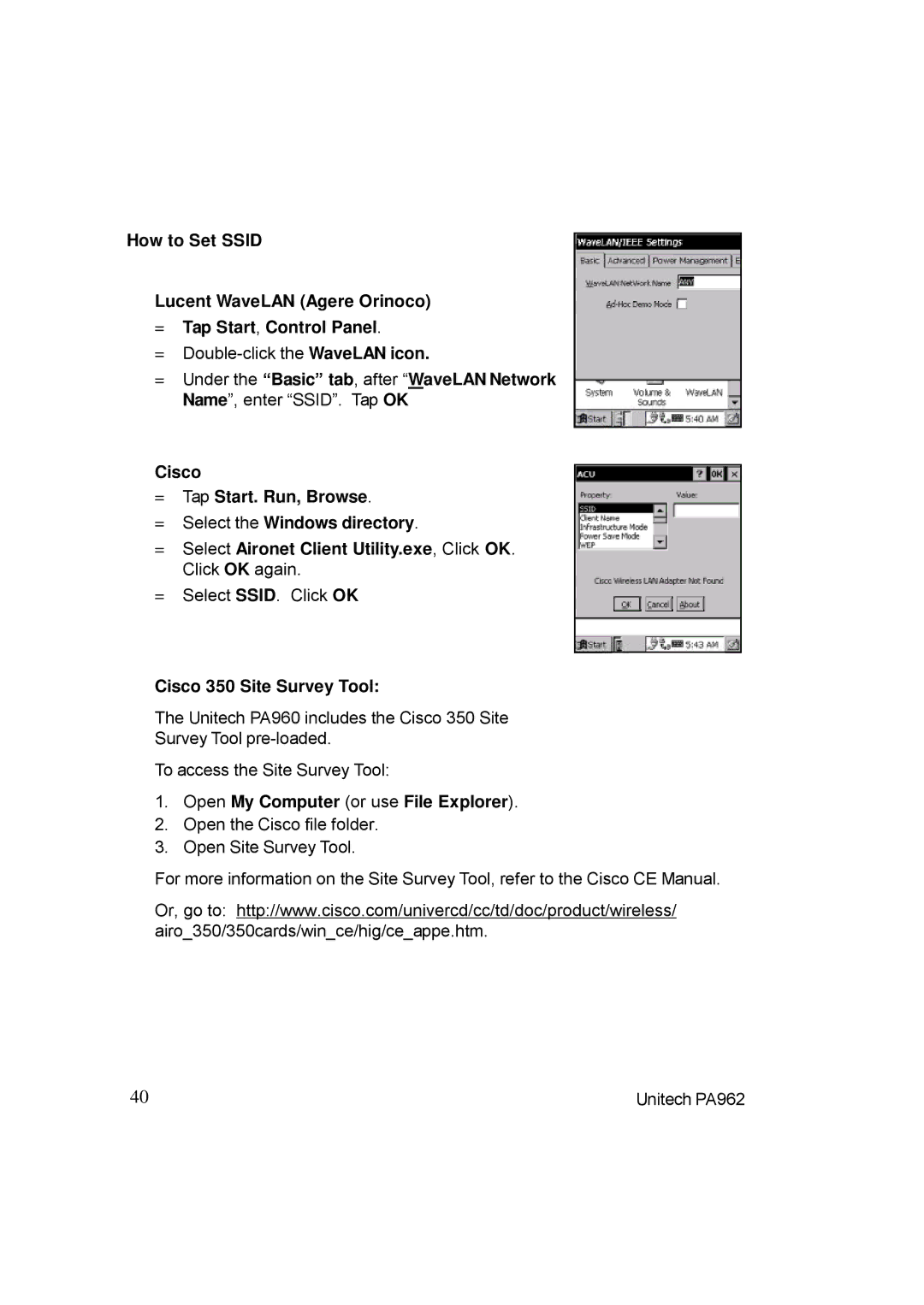 Unitech PA962 manual Cisco 350 Site Survey Tool, Open My Computer or use File Explorer 